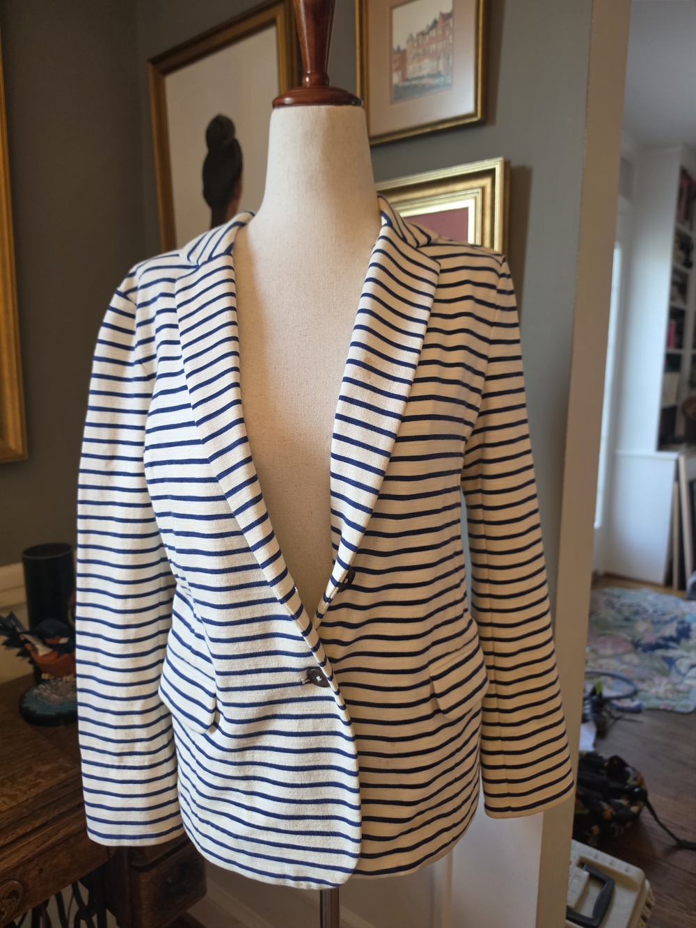 J Crew Striped Navy & White Women's Cotton Blazer Jacket Size S